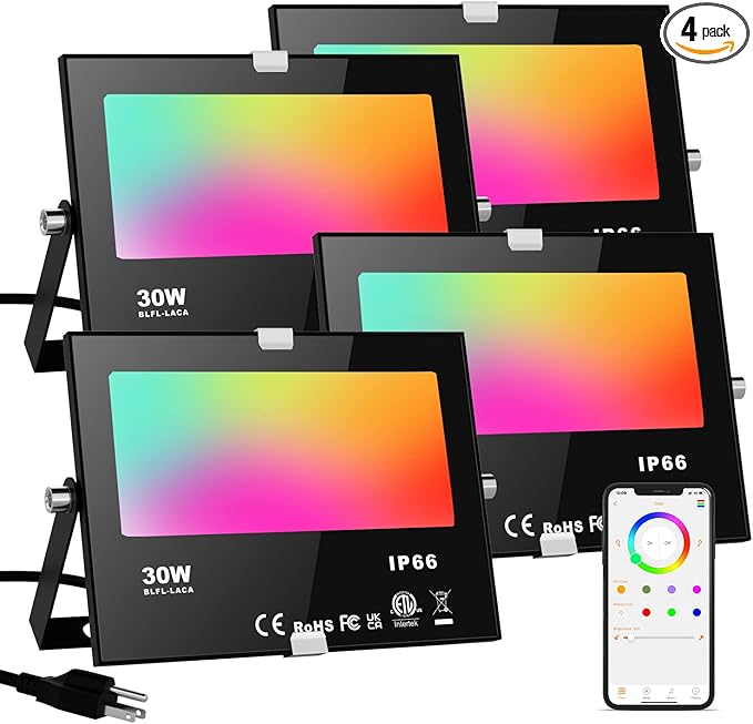 LED Flood Lights RGB Color Changing 300W Equivalent Outdoor, 30W Bluetooth Smart RGB Floodlight APP Control, IP66 Waterproof, Timing, 2700K&16 Million Colors 23 Modes for Garden Stage Lighting 4 Pack