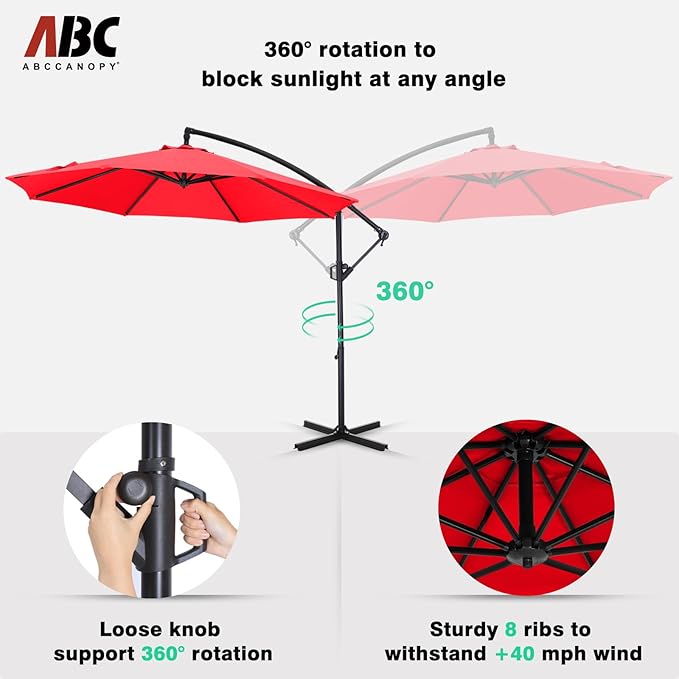 ABCCANOPY 9FT Cantilever Patio Umbrella with base included, 360° Rotation Outdoor Offset Umbrella for Backyard, Deck, Poolside (Red)