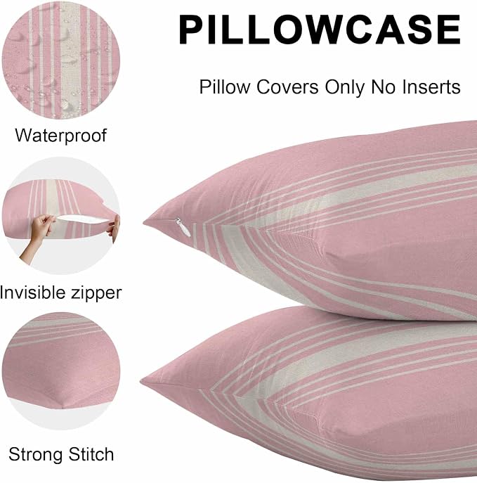 Pink Beige Striped Outdoor Pillow Covers 20x20 Inch Throw Pillow Covers Set of 2 Waterproof Decorative Pillow Cases Modern Farmhouse Retro Lines Cushion Covers for Patio Furniture Garden Couch Sofa