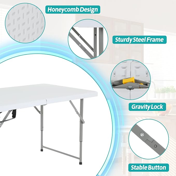 Dkeli Folding Table 4 ft | Portable Plastic Picnic Table | Adjustable Height Heavy Duty Dining Folding Table for Indoor Outdoor Camping, Party | Fold in Half with Handle and Steel Legs - White