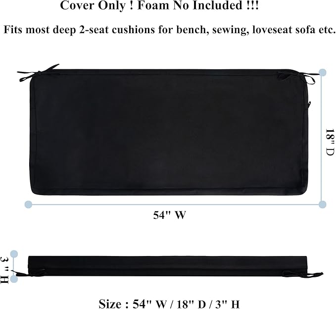 FUNHOME Outdoor Cushion Covers,54" x 18" x 3", No Insert! Patio Cushion Covers Replacement for Outdoor Furniture,Water Resistant Patio Bench Loveseat Covers 1 Pack, Black(Covers ONLY)