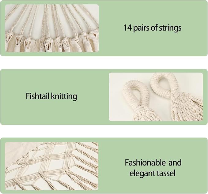 Goutime Double Hammock, Macrame Boho Cotton Hammock with Hanging Ropes, Portable for Camping Patio Backyard Indoor Outdoor,485LBS Capacity (Beige)