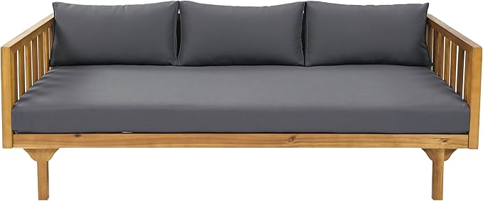 Christopher Knight Home Charm Patio Conversation Set, 3 Seater Acacia Wood Sofa, Spacious Seating Daybed, Wood Coffee Table, Round Side Table, Outdoor Furniture for Backyard Garden Rest, Dark Gray