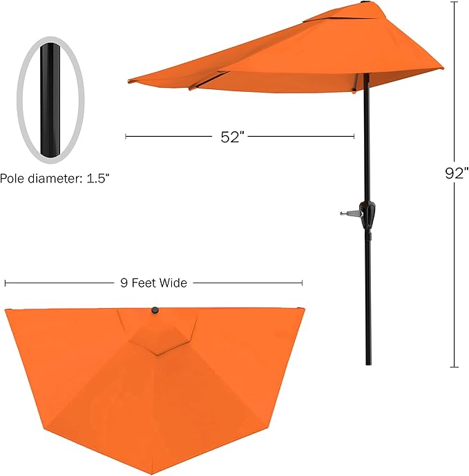 Pure Garden Half Round Patio Umbrella with Easy Crank – Compact 9ft Semicircle Outdoor Shade Canopy for Balcony, Porch, or Deck (Terracotta)