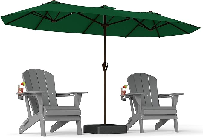 PatioKingdom 15FT Large Patio Umbrella with Base, Double Sided Rectangular Outdoor Umbrella with Sturdy Fiberglass Ribs, Market Umbrella for Pool,Garden,Backyard,Deck (Dark green, 15FT)