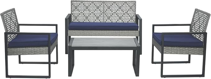 LUMISOL 4 Piece Outdoor Wicker Patio Conversation Furniture Set for Backyard, Wicker Conversation Set Outdoor with Acacia Wood Table Top, Light Gray