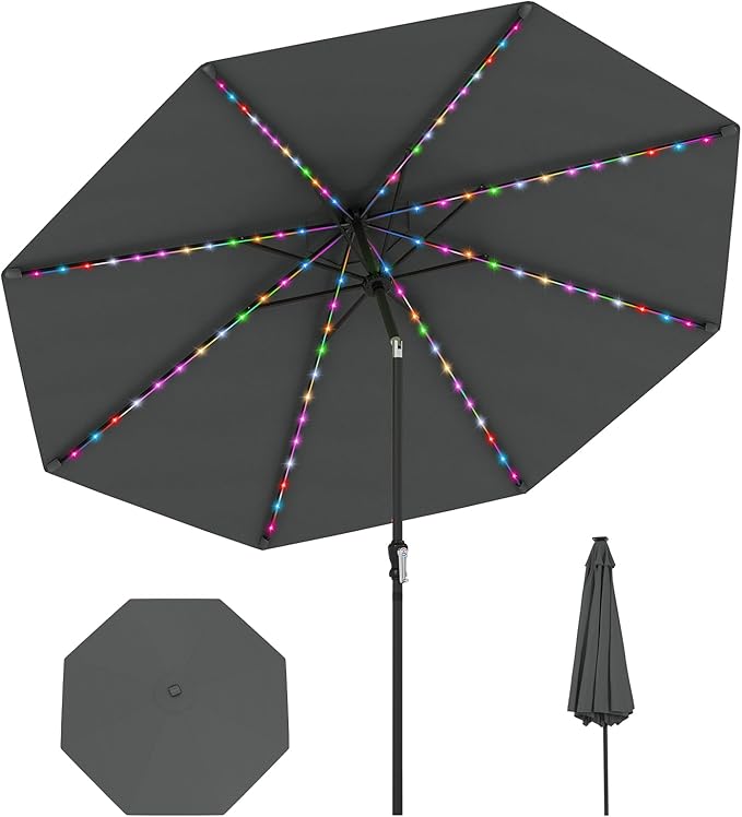 Tangkula 10 FT Solar Patio Umbrella, Outdoor Market Table Umbrella with 96 Multi-Colored Flowing LED Lights, 9 Modes, Tilt Adjustment, Crank Handle, 8 Ribs, Vented Top for Backyard Poolside Deck Lawn