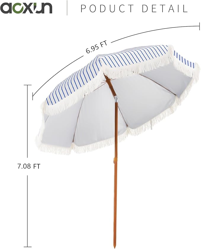 Aoxun 7ft Patio Umbrella with Fringe,Outdoor Beach Umbrella with Aluminum Pole, Ribs Push Button Tilt and Carry Bag, UV 50+ Picnic Tassel Umbrella (Blue&White)