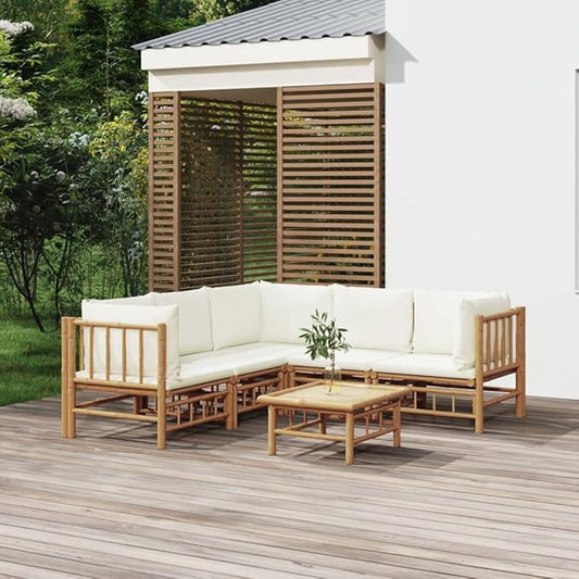 6 Piece Patio Lounge Set with Cream White Cushions, Patio Conversation Set Front Porch Furniture Sectional Sofa Outdoor Dining Sets for Exhibition Piazza Garden Poolside Bamboo