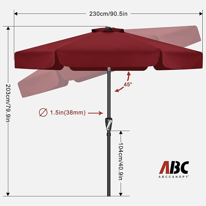 ABCCANOPY 7.5ft Scalloped Patio Umbrella, Outdoor Table Umbrella with Tilt and Crank, Fiberglass Ribs Deck Umbrella for Patio, Pool, Garden, Picnic (Wine Red)