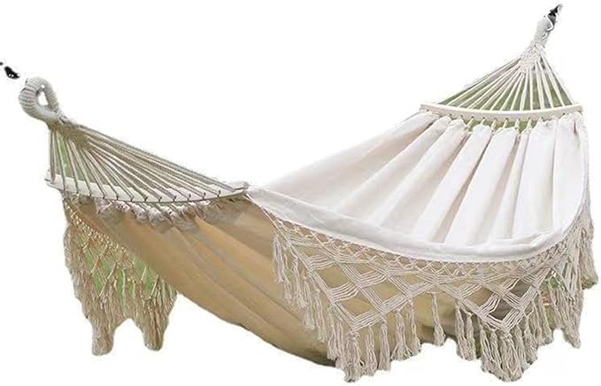 Backyard Hanging Hammock with Tassels, 500lb Load Capacity, Single Double Size 102x59in - Lightweight Foldable Outdoor Cotton - Polyester Blend for Garden, Patio, Camping Relaxat (White)