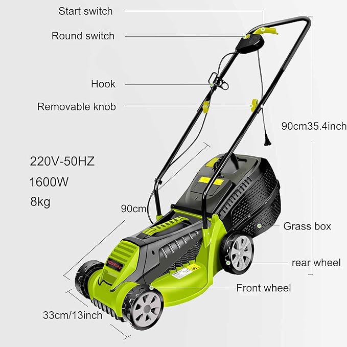Corded Electric Dethatcher, 13-Inch Push Lawn Sweeper, Strong Rubber Wheels & Adjustable Mowing Height, Lightweight Walk-Behind Lawn Mower Clear, Green