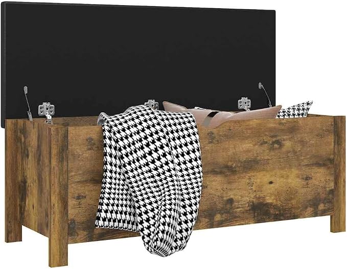 Storage Box with Cushion Smoked Oak 41.3x15.7x17.7 Inch, Storage Bench with Padded Seat for Clothes Toys Books, Sturdy Engineered Wood Trunk for Living Room Bedroom