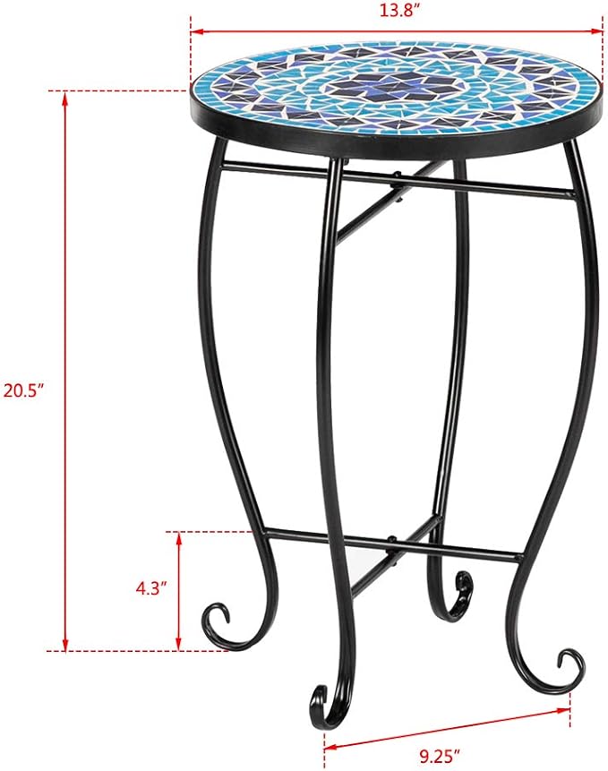 Outdoor Round Side Table,Mosaic Accent Table,Plant Stand Decor for Patio Porch Beach Pool Indoor Outdoor Coffee (Blue Ocean)
