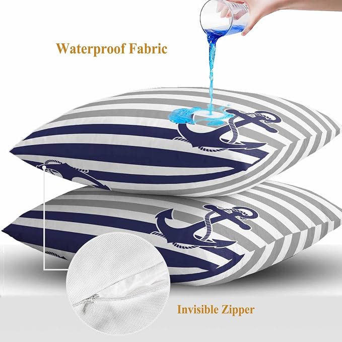 Throw Pillow Covers 24x24 Inch Set of 2, Anchor Gray Waterproof Outdoor Cushion Covers, Modern Navy Blue White Striped Nautical Decorative Pillowcases for Couch, Sofa, Bed, Garden, Patio