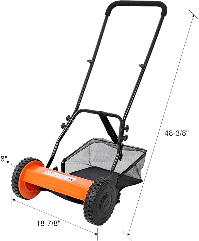 14-Inch 5-Blade Push Reel Lawn Mower with Grass Catcher, Adjustable Height 0.6-1.8 Inch, Manual Hand Push Mower with Heat-Treated Alloy Steel Blades, Gas-Free Grass Cutter, Orange