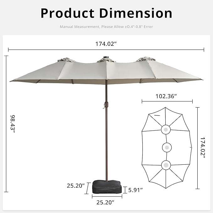15ft Large Patio Umbrellas with Base & Solar Lights,Outdoor Rectangle Double-Sided Market Umbrella with Stand & 38 LED Lights,Outside Umbrellas for Poolside Deck Backyard (Light Grey)