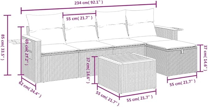vidaXL Patio Sofa Set with Cushions 6 Piece, Outdoor Conversation Set, Sectional Sofa for Balcony Garden, Modern Style, Gray Poly Rattan
