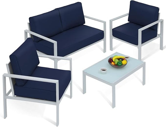 Athena Collection Patio Bistro Set Table and Chairs Set of 4, Outdoor Furniture Set Heavy Duty Conversation Sets Metal Loveseat with Upholstered Seat and Cushions, Blue