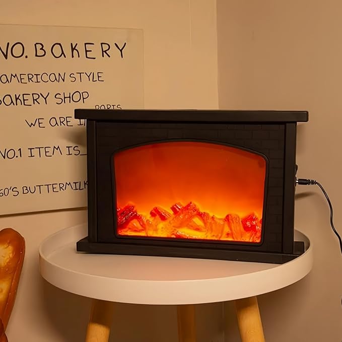 Simulated LED Fireplace Lantern USB & Battery Powered Flameless Light with Simulation Flame Table Decorative Lamp Mini Fireplace Ornament for Cozy Home Decor Free Standing Electric Log Burner