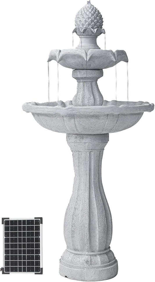 XBrand 44" Tall White Fiberglass/Resin 2-Tiered Solar Water Fountain w/Solar Panel and Auto-Shut Off Pump for Home Garden Yard Decor