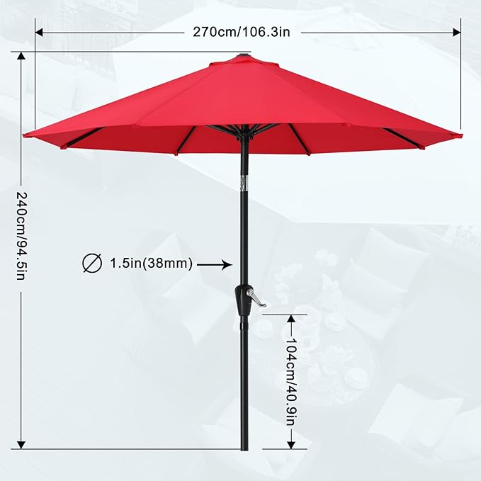 MASTERCANOPY 9FT Patio Umbrella with Push Button Tilt and Crank, Outdoor Market Umbrella with 8 Sturdy Ribs, UV Protection & Waterproof for Garden, Deck, Backyard, Pool (Red)