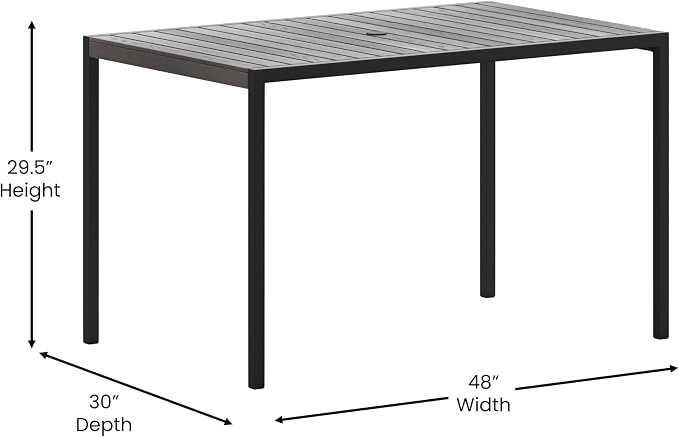 Flash Furniture Lark Commercial Outdoor Steel Dining Table with Umbrella Hole - Gray Wash Faux Teak Poly Slatted Top - Black Frame - 30x48 Table Seats up to 4 Adults
