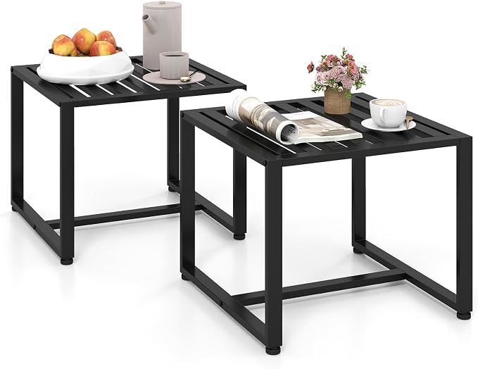 KOMFOTT Set of 2 Outdoor Side Tables, Square Sofa Side Tables w/Slatted Top, Metal Frame Indoor End Table for Small Spaces, Patio, Yard, Garden, Porch, Living Room (Black)