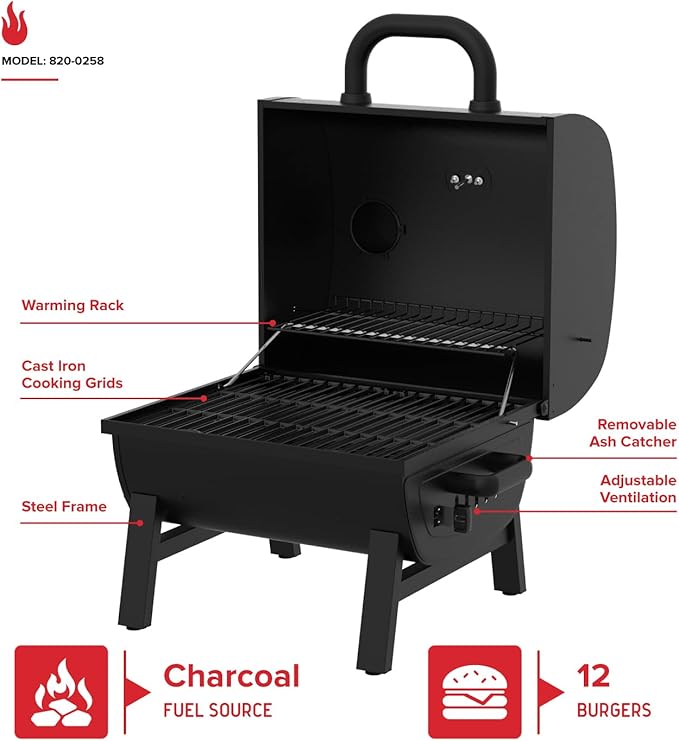 Nexgrill 17.5" Portable Charcoal Grill with Adjustable Chimney Vent, 349 SQ. In Cooking Area, Table Top Grill for Camping, Outdoor Cooking, Patios, and More – 820-0258