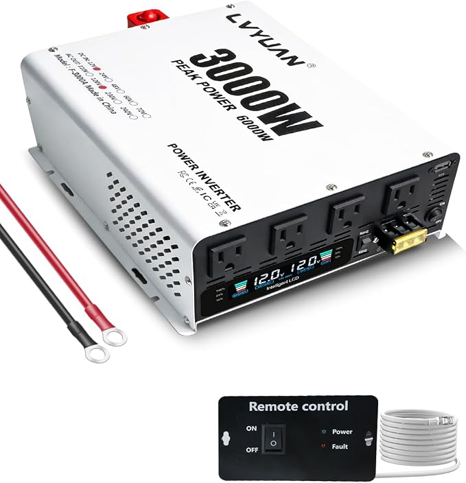 LVYUAN 3000 Watt Power Inverter 12V to 110V 120V DC to AC Converter for Home RV Vehicle Outdoor Camping Car Power Inverter with 4 AC Outlets, LCD Display, USB Charge Port, Remote Control