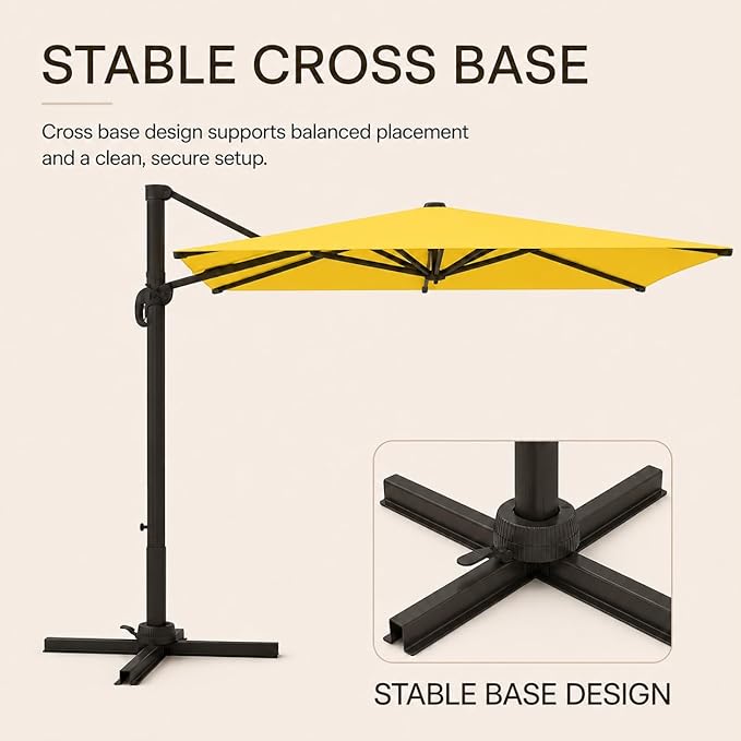 Kingdura 9' X 9' Cantilever Patio Umbrella with Base Included, Large Square Outdoor Offset Umbrella with 360-degree Rotation, 4 Position Tilt, UV Protection for Pool Deck Garden Patio (Yellow)