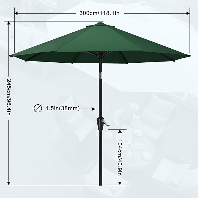 MASTERCANOPY 10FT Patio Umbrella with Push Button Tilt and Crank, Outdoor Market Umbrella with 8 Sturdy Ribs, UV Protection & Waterproof for Garden, Deck, Backyard, Pool (Forest Green)