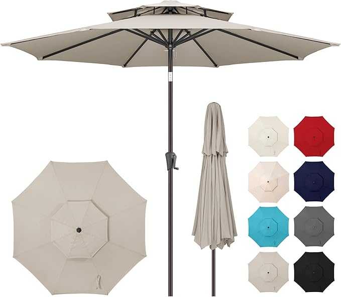 9ft Outdoor Patio Umbrella - 2-Tier Table Umbrella Waterproof UV Protection, Sombrillas de Patio with Push Button Tilt, Sun Umbrella for Pool, Porch, Garden, Backyard (Taupe)