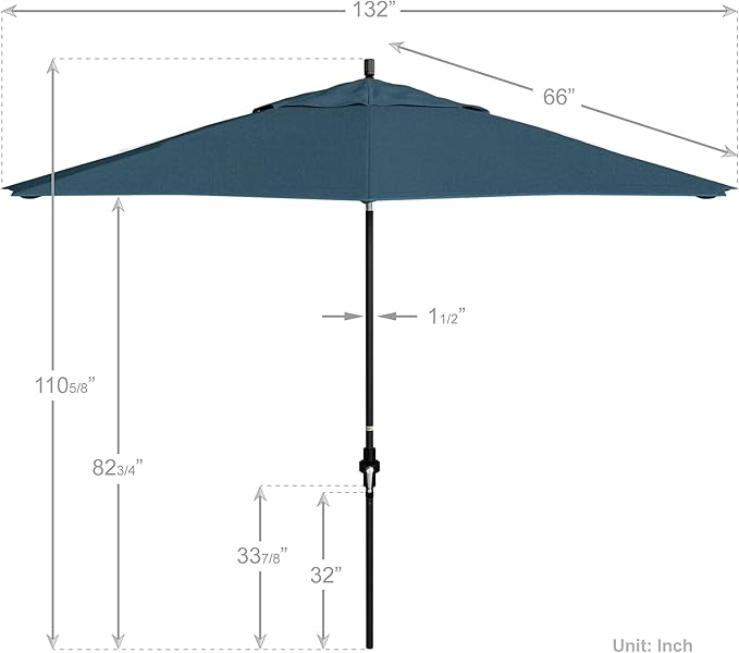 California Umbrella 11Ft Premium Sunbrella Patio Umbrella, Hand-Crank, Tilt-Collar, Black Frame, Regatta Fabric
