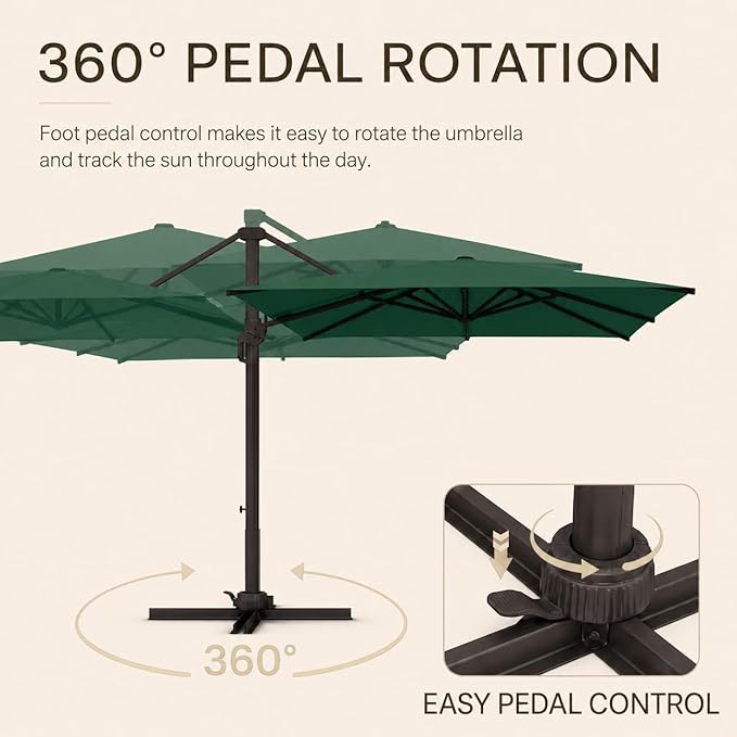 Kingdura 8' X 8' Cantilever Patio Umbrella with Base Included, Large Square Outdoor Offset Umbrella with 360-degree Rotation, 4 Position Tilt, UV Protection for Pool Deck Garden Patio (Dark green)