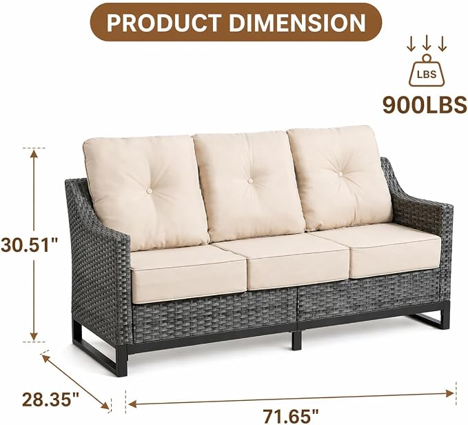 Outdoor Wicker 3-Seat Sofa, All-Weather PE Rattan Patio Couch with Cushions & Metal Frame for Backyard, Porch, Garden, Deck, Beige
