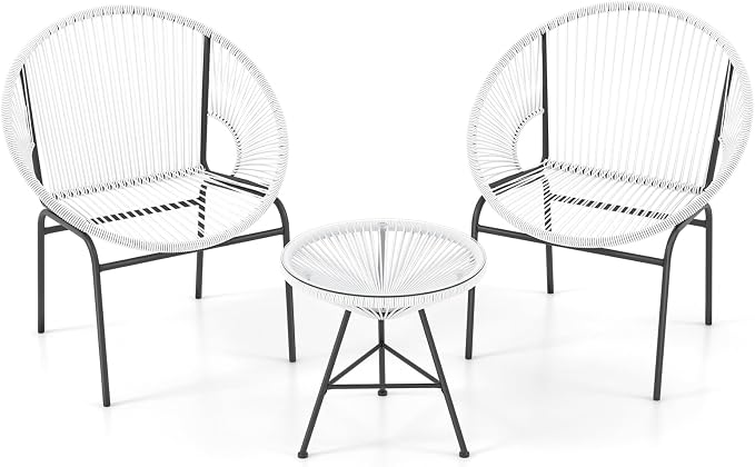 COSTWAY 3-Piece Outdoor Acapulco Chair Set, Wicker Conversation Bistro Sets with Plastic Rope, Glass Top Table, Patio Rattan Furniture Set for Garden, Balcony, Lawn, Backyard, Apartment, White