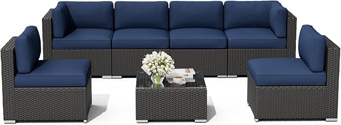 Oakcloud 7-Piece Outdoor Patio Furniture Sofa Set Black Rattan Wicker Sectional Conversation Sets with Glass Top Table and Cushions(Dark Blue)