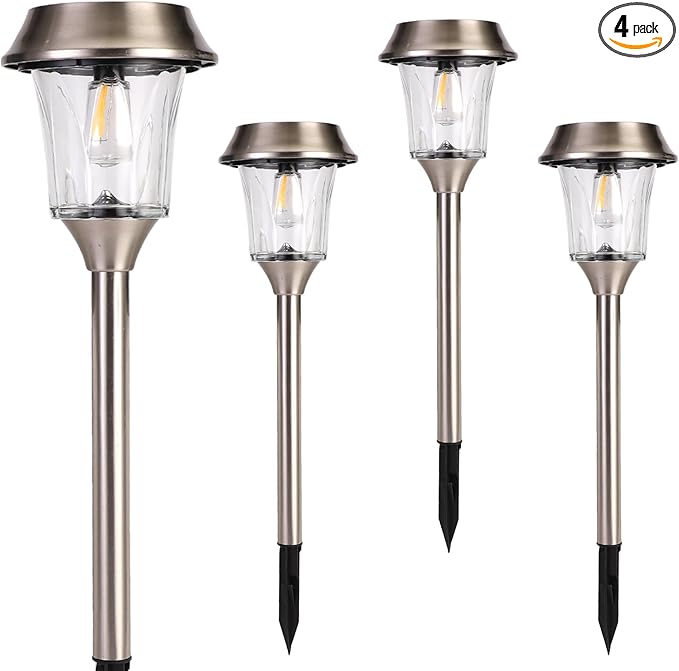 Solar Pathway Lights Outdoor 4 Pack, Stainless Steel & Glass Solar Garden Lights, Auto Dusk to Dawn IP65 Waterproof LED Path Lights for Yard, Lawn, Walkway, Driveway