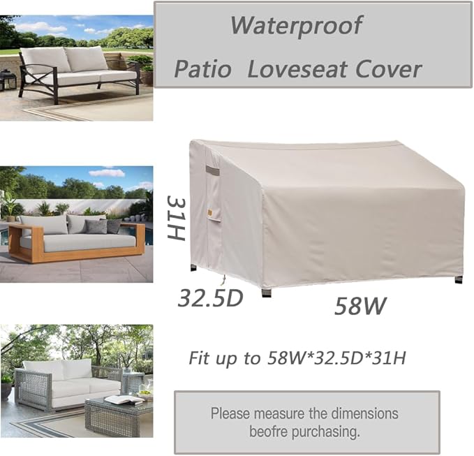 Heavy-Duty 2 Seater Outdoor Loveseat Cover, Waterproof and Windproof Courtyard Furniture Sofa Cover with Air Holes,1 Pack, Beige, 58" W*32.5" D*31" H