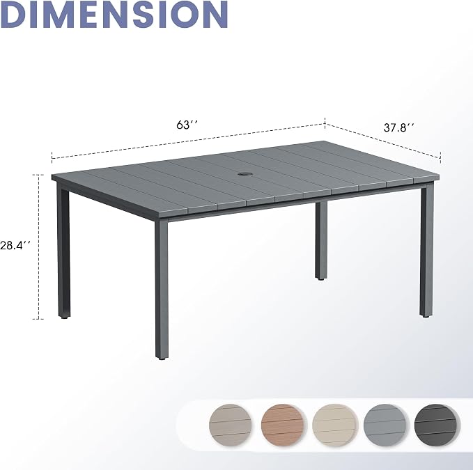 VICLLAX Outdoor Table for 6, Metal Patio Dining Table with Umbrella Hole for Garden Lawn Deck Backyard, Dark Grey Tabletop