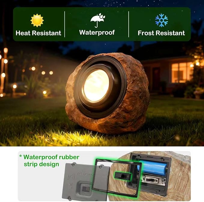 Solar Rock Lights Outdoor,2 Pack IP65 Waterproof LED Solar Brown Garden Stone Spotlights,Warm White & Cool White Switchable,Auto On/Off Landscape Lights for Pathway Walkway Yard Patio