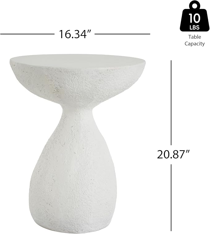 Outdoor Side Table, Modern Organic MGO Accent End Table for Patio, Living Room, White Textured Stone-Look
