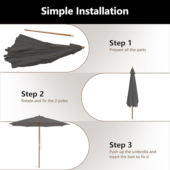 HAPPYGRILL 10 FT Wooden Patio Umbrella with Rope Pulley Lift, 8 Bamboo Ribs, 3 Adjustable Heights, Vented Roof, Outdoor Table Umbrella for Garden Poolside Backyard (Grey)