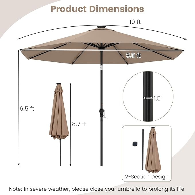 Tangkula 10 FT Solar Patio Umbrella, Outdoor Market Table Umbrella with 96 Multi-Colored Flowing LED Lights, 9 Modes, Tilt Adjustment, Crank Handle, 8 Ribs, Vented Top for Backyard Poolside Deck Lawn (Tan)
