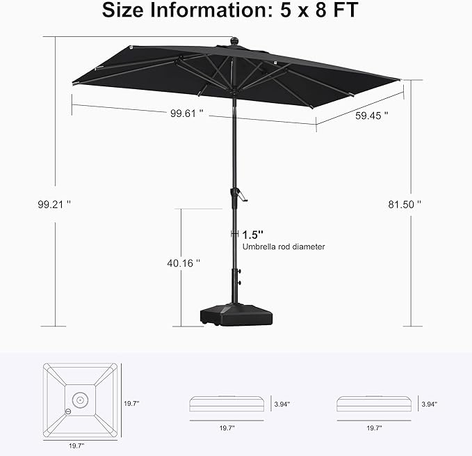 PURPLE LEAF 8' x 5' Rectangle Patio Market Umbrella with Base Outdoor Table Umbrellas Aluminum Frame Sun Shade with 8 Sturdy Ribs Tilt for Garden Deck Lawn Pool Gray