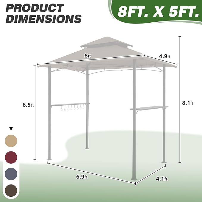 GARTOO 8'x5' Outdoor Grill Gazebo - Double Roof BBQ Gazebo Canopy with 2 Side Shelves and LED Lights, Patio BBQ Pergola Shelter for Garden, Porch and Backyard (Brown)