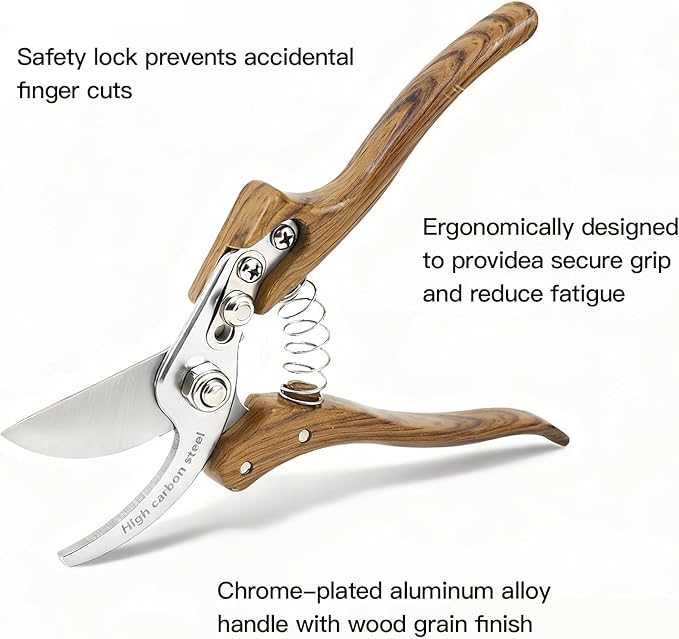 Garvee Pruning Shears for Gardening, Trimming Scissors Wood-Grain Aluminum Handle Garden Shears, Heavy Duty Garden Shears Secateurs Wooden Handle Garden Scissors Pruners Tools