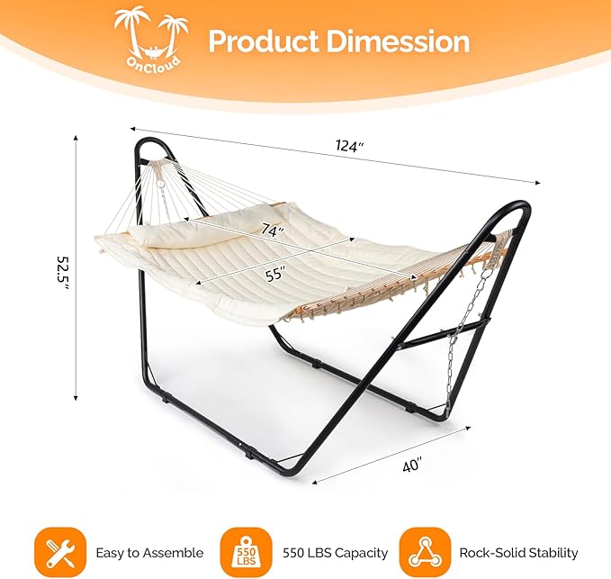 ONCLOUD Double Hammock with Stand for Outside, Rope Hammock with Pillow and Pad, Heavy Duty Hammock Set for Backyard, 550 LBS (White)