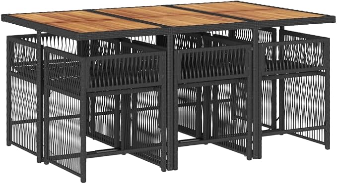 7 Piece Outdoor Dining Set Black Cream White Patio Furniture Set with Rectangle Table and 6 Chairs, UV Resistant Poly Rattan Acacia Wood Folding Design for Garden Backyard Balcony Entertaining